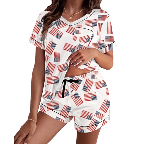 Image of Women Hearts Pajama Sets Satin Short-Sleeve Top and Shorts Set 2 Piece Loungewear Sleepwear