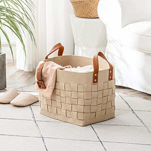 2 Pack Blanket Basket, Boldmonkey 15"X13"X11" Xxlarge Woven Felt Laundry Baskets With Handle Nursery Storage Living Room Rectangular For Toy, Clothes, Kids, Bedroom(Khaki) #TOP4