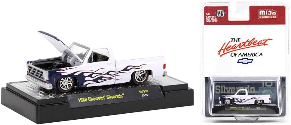 M21980 Chevy Silverado Pickup Truck White with Blue Flames The Heartbeat of America Limited Edition to 6050 Pieces Worldwide 1/64 Diecast Model Car Machines 31500-MJS59
