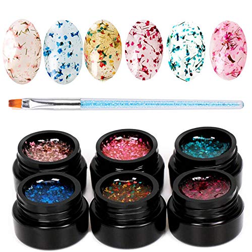 Yelna 6 Colors Dried Flower Gel Nail Polish Soak Off UV Gel Nail Varnish Decoration Manicure with Acrylic Nail Brush Nail Art Design Kit