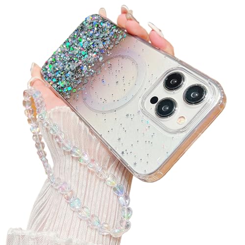 Coque iPhone 15 Pro Max MagSafe transparente paillettes cordon poignet 6,7 pouces