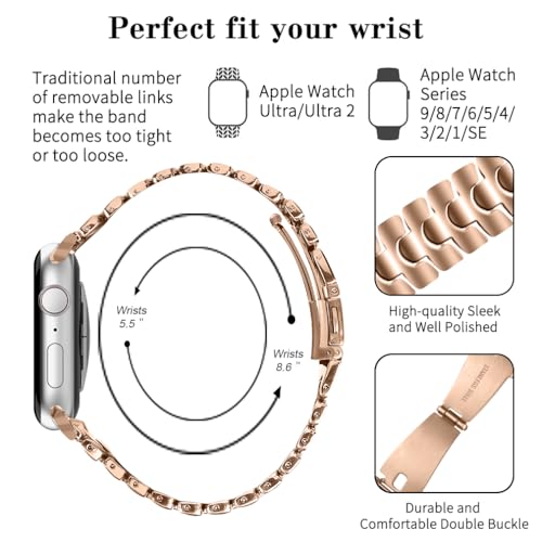 Thin Metal Band Compatible with Apple Watch Band 38mm 40mm 41mm 42mm 44mm 45mm 49mm, Dressy Stainless Steel Chain Strap, Slim Fancy iWatch Band with Case for Women Men