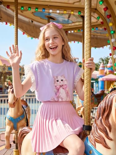 Image of Girls Ruffle Sleeves Shirt Cat Graphic Tee Cute Summer Short Sleeve Top for Teens 6-16Y