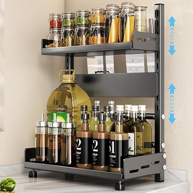 Spice Rack Organizer, 2-Tier Height-Adjustable Kitchen Countertop Spice Organizer Shelf, Metal Rust-Proof Standing Large Spice Racks with Guardrail & Knife Block for Kitchen Storage