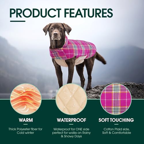 Image of Kuoser Waterproof Dog Coat, Warm Reversible Dog Jacket with Leash Hole | Soft Cozy Dog Cold Weather Coats for Rainy Snow Days, Lightweight Jacket for Medium Dogs, Xmas Dogs Snowsuit Rose M