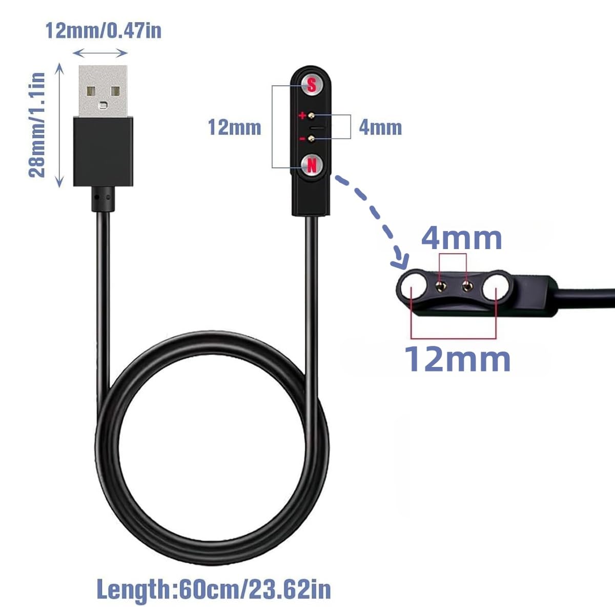 Cable de carga de reloj inteligente, cable de 2 pines, cargador de repuesto para reloj inteligente, rastreador de fitness, espaciado de pines de contacto del cargador, compatible con 4 mm (1)
