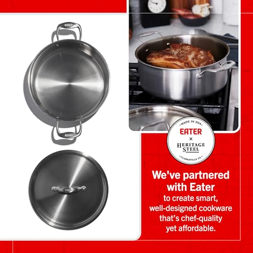 Image of Heritage Steel x Eater 6 Quart Rondeau with Lid | Made in USA | 5-Ply Fully Clad Stainless Steel Pan | Stay Cool Handle Design | Induction Capable & Non-Toxic Cookware