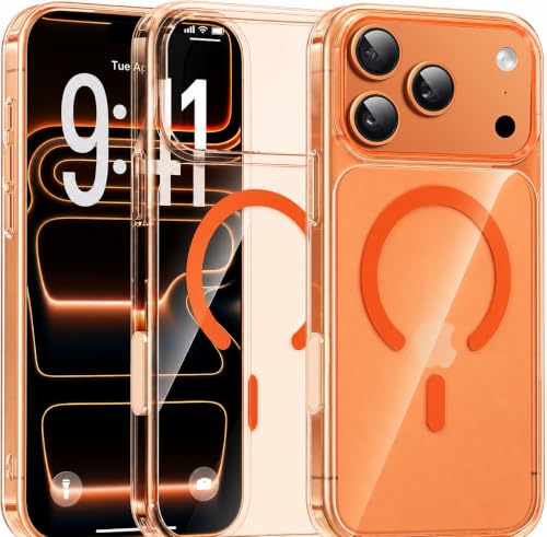 Elzzi Anti Scratch Semi Translucent Cover for iPhone 17 Pro Max Case, Premium PC + TPU Magnetic Phone Cases, Compatible with Magsafe Slim Never Yellowing Shockproof - Cosmic Orange