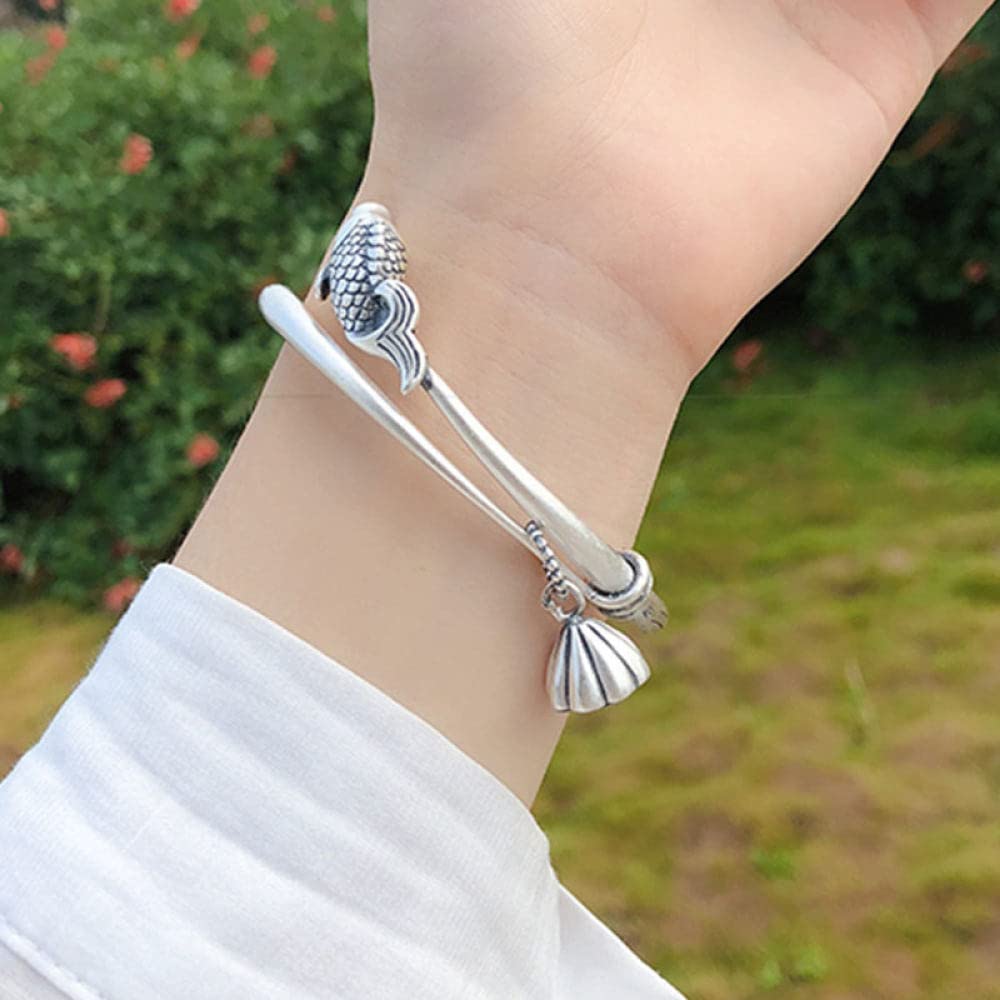 Fußkettchen Mode Dekoration Armbänder Silber Fußkettchen for Frauen, 925 Sterling Silber Armreif Vintage Ethnisch Doppel Fisch Anhänger Manschette Armreif Verstellbares Offenes Amulett Armband Ewigkei
