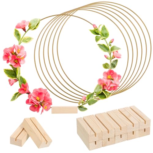 IMIKEYA Lot de 10 cerceaux en métal pour travaux manuels avec base en bois, anneaux ronds en macramé de 30 cm, option de montage stable et utilisation polyvalente pour décorations de table et œuvres