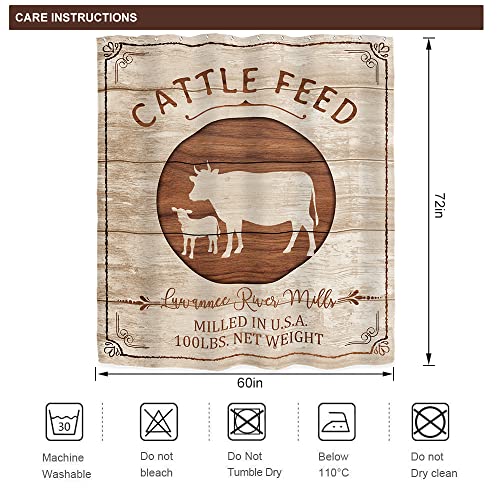 Riyidecor Farmhouse Cattle Feed Shower Curtain For Bathroom Decor 60Wx72H Cow Rustic Farm Animal Brown Wooden Barn Bull Country Western Art Printed Fabric Polyester Waterproof 12 Pack Plastic Hooks #TOP2
