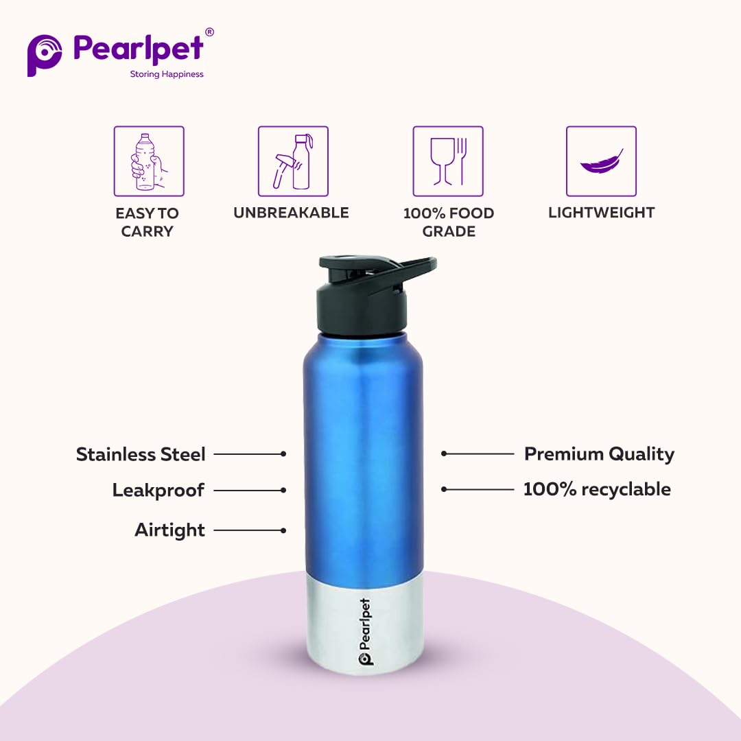 PEARLPET Sportskool Round Stainless Steel Single Wall Water Bottle 750ml | Leakproof, Durable, Reusable | For Gym, School, Office, Fridge Use | Pack of 1 (Blue) 1