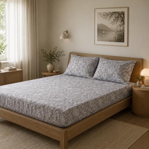 Image of Linen Home Cotton Percale Fitted Bedsheet Set SingleXL Size Damask Brown
