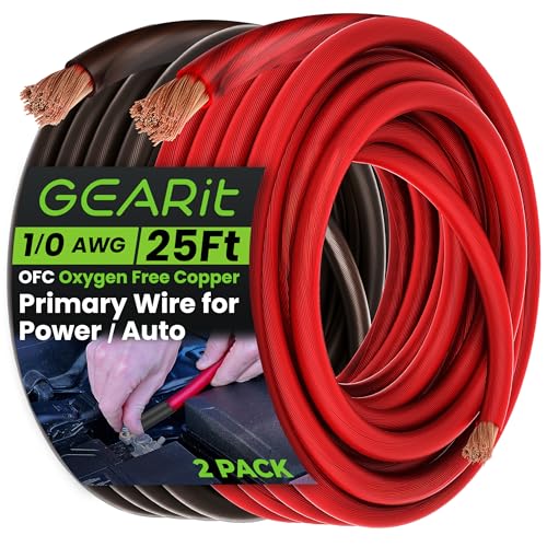 GEARit 0 Gauge OFC Wire 25 ft Black Red Set 1/0 OFC Wire 25 ft Battery Cable Oxygen-Free Copper Power Ground Wire for Car Audio Amp RV Marine