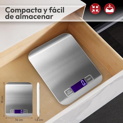 Miniatura 6 de Báscula De Cocina Digital Acero Inoxidable Peso De Cocina Con Pantalla Lcd Retroiluminada Báscula Comida De 5kg Y 1g De Precisión Para Cocina Diaria Y Repostería