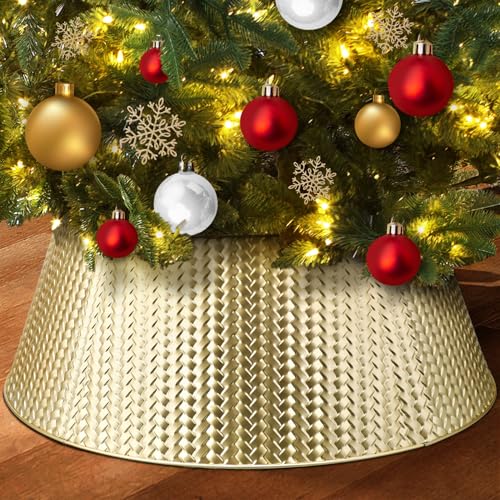EIMMBD Metal Christmas Tree Collar, 28 Inch Christmas Tree Collar Basket Skirt for Large Christmas Tree, Artificial Tree Skirt Holiday Christmas Decorations Indoor Outdoor(Champagne Gold)