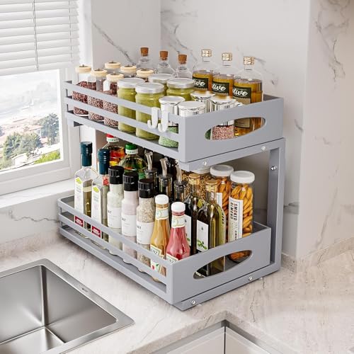 Image of Under Sink Organizer, 2 Tier Under Sink Organizers and Storage, Adjustable Height, Slide out Metal Cabinet Organizers, Pull out Cabinet Storage Drawer Shelf for Kitchen Bathroom (Gray, 2 Pack)