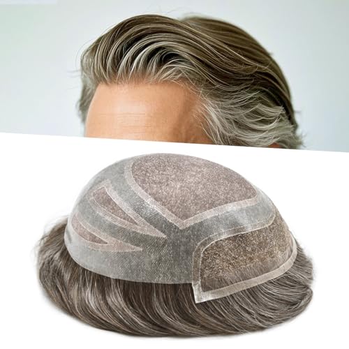 Durable Hair System for Men French Lace Front Mens Toupee Hairpieces Natural Hairline Fine Mono Hair Toupee for Men 8"x10" 120% Light to Medium Density #540 Medium Light Brown+40% Grey