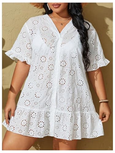 MakeMeChic Women's Plus Size Cover Up Swimsuit Hollow Out Short Sleeve V Neck Bikini Coverup4