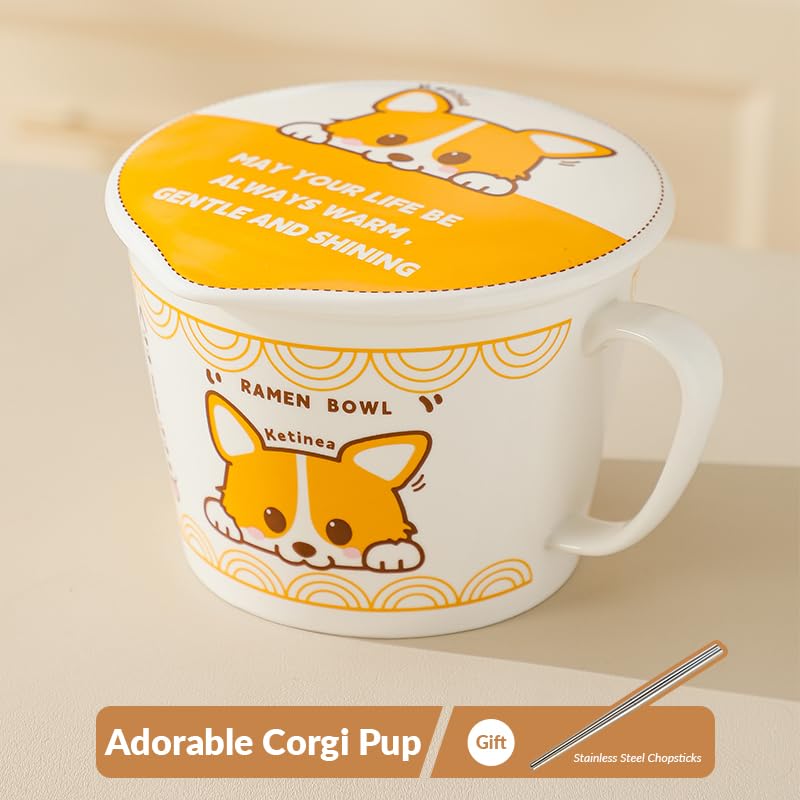 Ketinea 34oz Ceramic Ramen Bowl Set Charming, Lid, Handle, and Stainless Steel Chopsticks Elevate Your Noodle Experience Ideal Gift for Teens and Kids ()