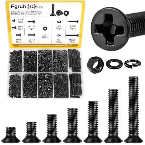 Image of 1320pcs M3 Countersunk Screws Assortment Kit, M3x4 /6 /8 /10 /12 /16 /20 mm Phillips Flat Head Bolts and Nut Assorted Set, Machine Screws Grade 8.8 Alloy Steel Black Zinc Plated