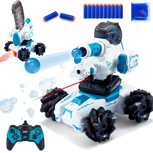 Remote Control Cars, 4-in-1 Shooting Water Bullets(Bomb) RC Tank, Kids 4WD Battle Stunt Car, Blow Bubble, Shoot Foam Darts, 360°Rotating, LED, Music, Toy Gifts for 6-15 Years Old Boys Girls