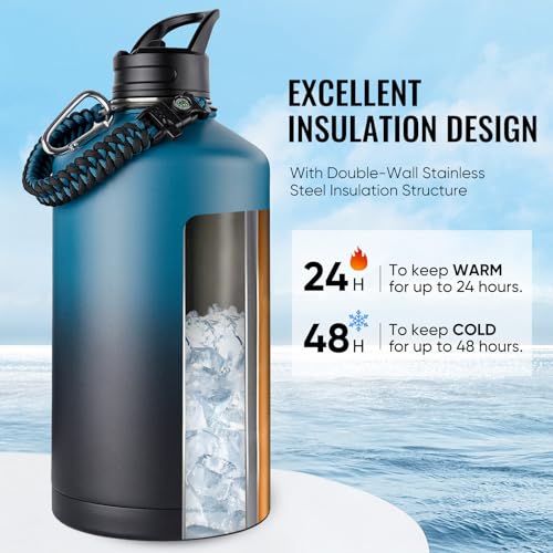 Image of Fijinhom Gallon Water Bottle with 2 Lids (Straw & Spout), 304 Stainless Steel Water Jug with Handle and Wide Mouth, 1 Gallon Vacuum Double Walled Jug for Sports, Outdoors, Blue&Black 128 oz