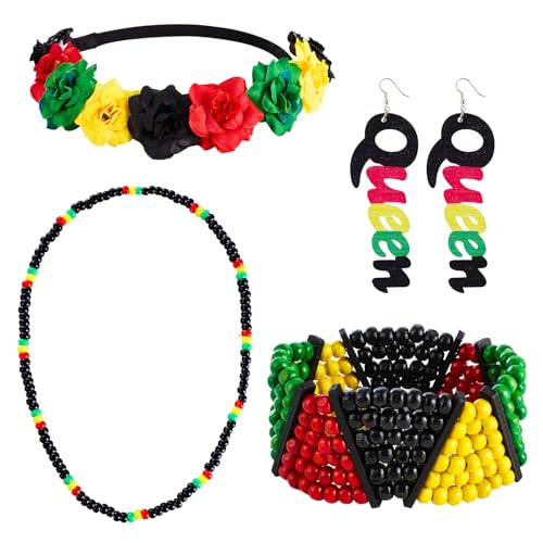 Fzxdfg 4PCS Women's African Jewelry Accessories Multicolor Beaded Stretchy Bracelet Necklace Wooden Queen Dangle Earrings Flower Crown Headband