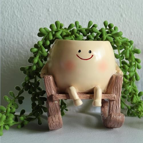 Image of Cute Resin Chair Planter Pot Planters for Home Decor - Smiling Face Handpainted Pot Home Garden & Living Room Table Balcony Decoration Item (Pack of 1, Brown, Plants not Included)