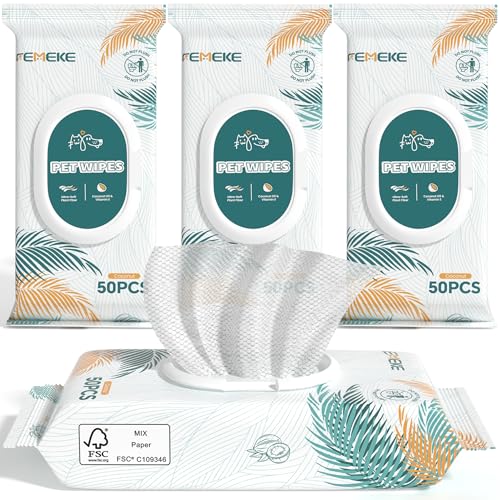FEMEKE 200 Count Dog Wipes & Cat Wipes (4x50 Packs) | Hypoallergenic, pH Balanced for Paws, Body, Face & Grooming |All-Natural Plant Fiber Wipes with Aloe, Coconut Oil & Vitamin E |Pearl Texture