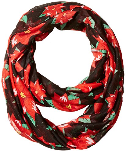 D&Y Women's Pointsettia Holiday Print Loop Scarf with Sparkles, Black, One Size