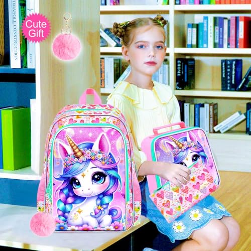 Image of CCJPX 3Pcs Unicorn Backpack for Girls, 16 inch Kids Bookbag with Lunch Box, Water Resistant Elementary School Bag for Kindergarten Preschool Toddler (Pink)
