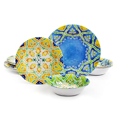 Elama Stapanya 12 Piece Melamine Dinnerware Set, Multicolor