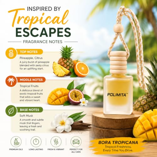 Image of BORA TROPICANA Car Hanging Perfume | Premium Long Lasting Car Air Freshener | Wooden Cap Hanging Bottle | Luxury Fragrance for Cars | 8ml (BORA TROPICANA)