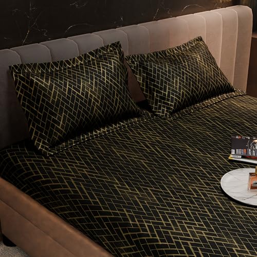 Image of Stoa Paris 300TC UltraSatin Double Fitted Bedsheet Set with 2 Pillow Covers, Gentle on Skin & Hair, Wrinkle & Fade Resistant, Home Decor, Gift for Couple, Starlit Night - Black (152cmx198cm+30cm)