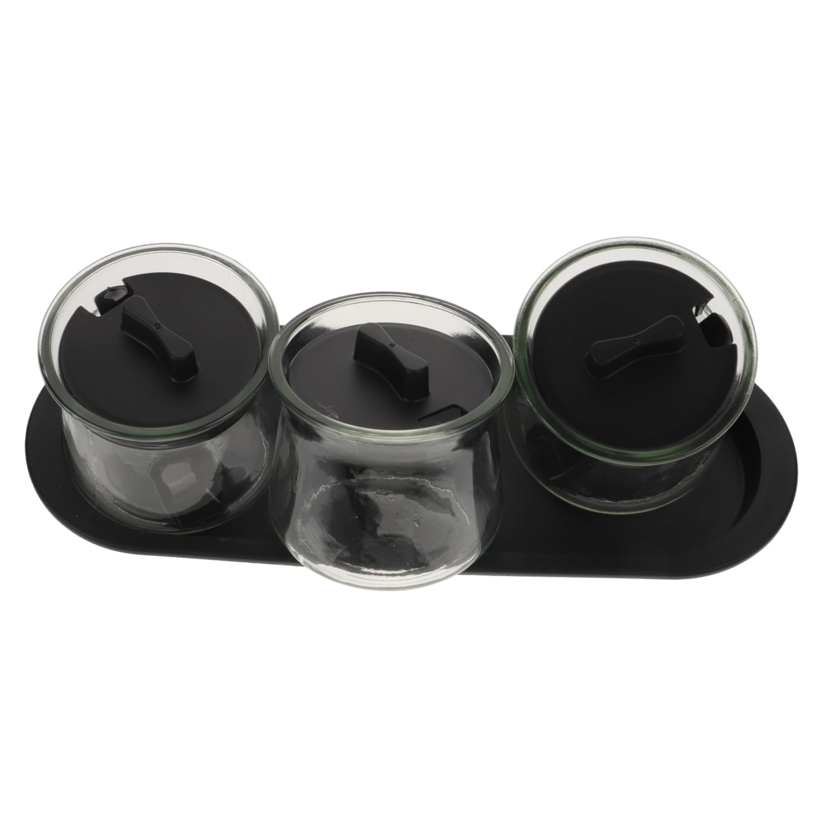 Set 3 Contenitori per Spezie da Cucina Trasparenti in Vetro Soda con Cucchiai Dosatori e Vassoio, Barattoli per Condimenti in Pp per Sale, Pepe e Salse, Pratici per Uso Quotidiano