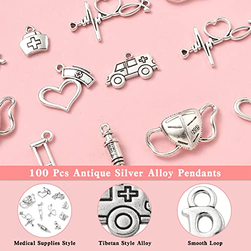 UR URLIFEHALL 100 Pcs 10 Styles Medical Supplies Charms Antique Silver Stethoscope Ambulance Nurse Cap Heart Charms for DIY Jewellery Making - Image 3