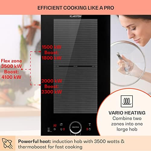 Klarstein Delicatessa Slim Domino - Induction Cooker, Ceramic Hob, Plug in Induction Hob, Flexzone Technology, Self-Contained, Hob, Booster, Pot Detection, Timer, SensorTouch, Glass Ceramic, Black