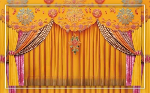 Image of Indian Backdrop 8x6ft India Pooja Marigold Yellow Curtain Photography Background for Wedding Diwali Traditional Festival Party Decorations