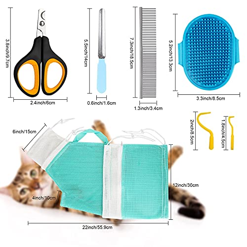 Cat Bag For Bathing 8 Pcs Set With Cat Shower Net Bag Adjustable Pet Grooming Brush Nail Clipper Nail File Hair Combs Tick Tool Nail Caps, Nail Trimming Bath Cleaning Supplies Kit For Cats & Dogs #TOP6
