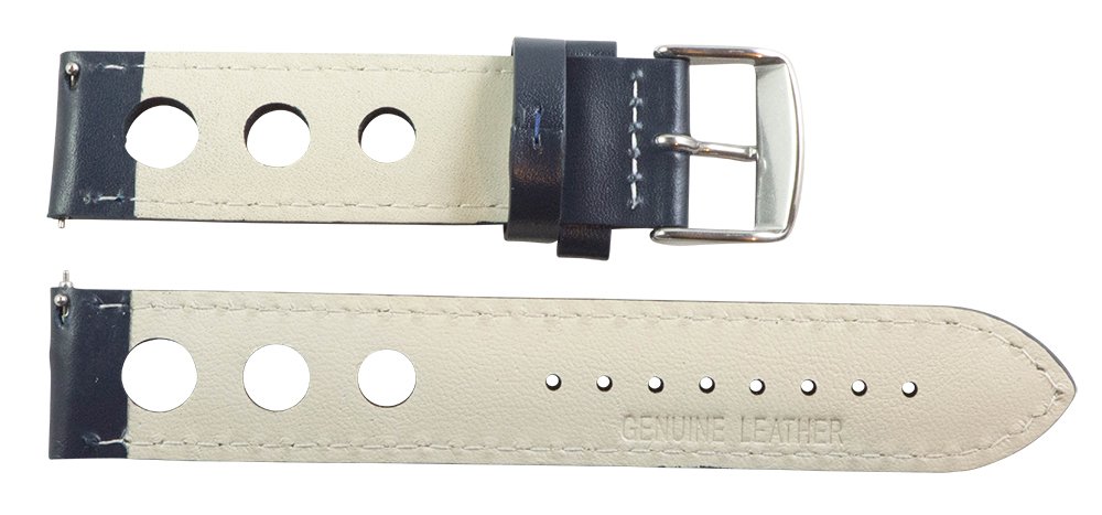 Clockwork Synergy, LLC 18mm Rally 3-hole Smooth Navy Blue/White Leather Interchangeable Replacement Watch Band Strap