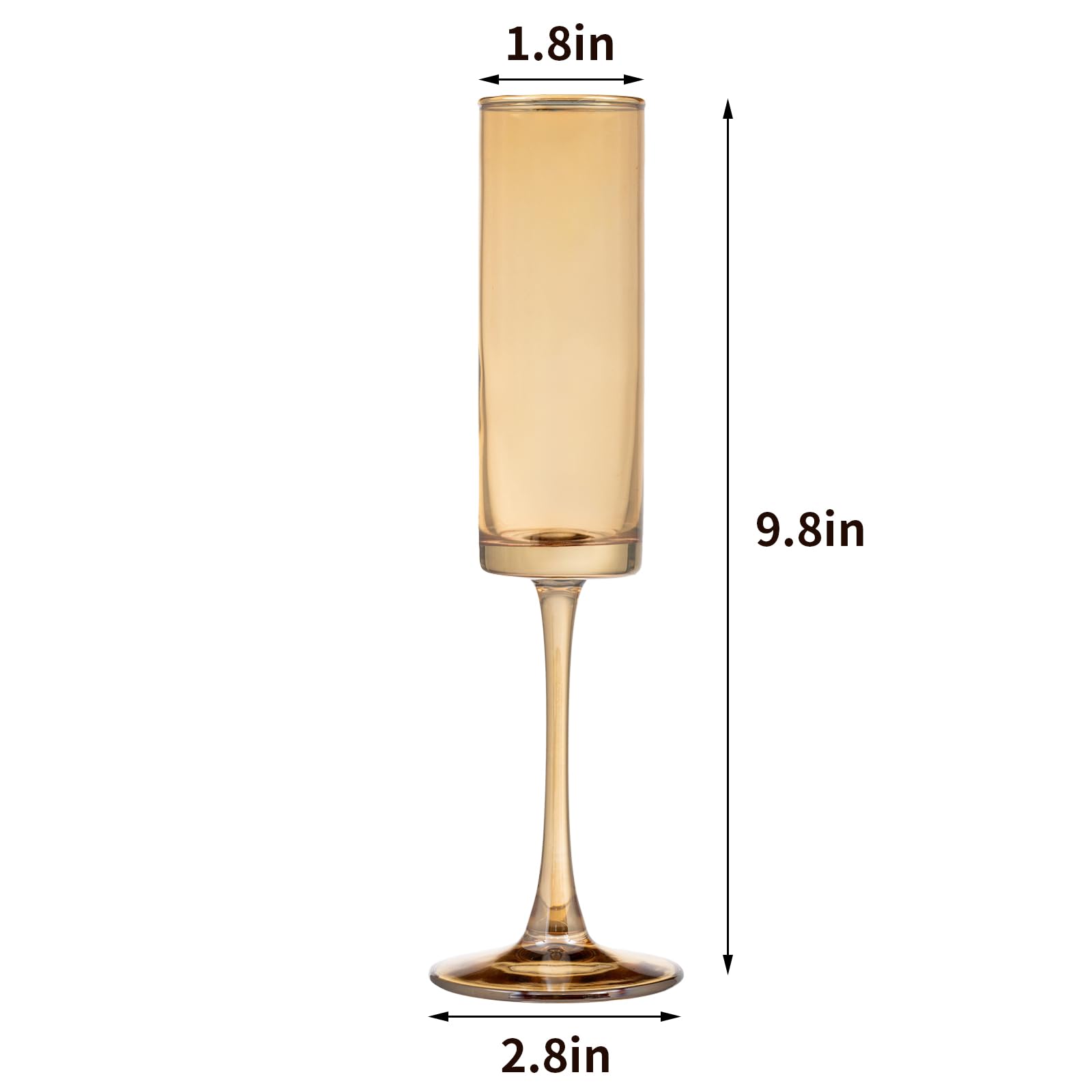 Bernstein-Champagnergläser, 170 ml, gerade Seiten, langer Stiel, buntes Trinkglas, Set mit 6 mundgeblasenen Champagnerflöten, Kelchen für Hochzeit, Cocktailbecher, Cava, Prosecco, 6 Stück