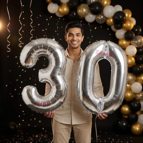 Image of Balloonistics Silver 40-Inch Foil Number 30 Balloon - Fill with Helium or Air for 30th Birthday, Anniversary Party Decoration, Photo Booth Backdrop, Cake Table Decor