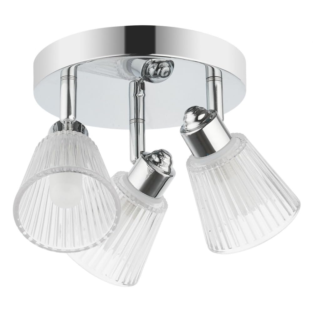 Britalia Polished Chrome & Clear Ribbed Glass Bathroom Vintage 3 Lamp Round Plate Ceiling Light | 20.5Cm Diameter | Ip44 Rating | 3 X G9 Lamp Bulbs Required | 240V Uk | Flush Ensuite Lighting | Retro Vibe