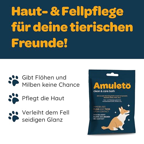 Amuleto Clean & Care Bath - Milben und Flohshampoo für Hunde & Katzen - Milbenmittel 2X 15ml Konzentrat - Parasiten Shampoo - Lindert Juckreiz, spendet Feuchtigkeit, beruhigt gereizte Haut