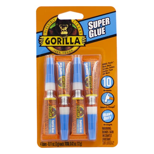 Gorilla Super Glue, Clear Glue, Four 3 Gram Tubes (Pack of 1) - All Purpose and Fast Setting for Projects and Repairs