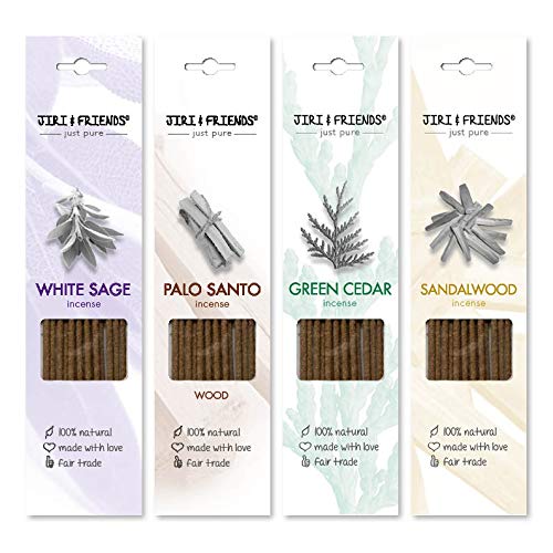 Multipack voordeelpakket wierookstokjes Jiri and Friends witte salie en Palo Santo en groene ceder en sandelhout voor het roken 100% natuurlijk rookwerk