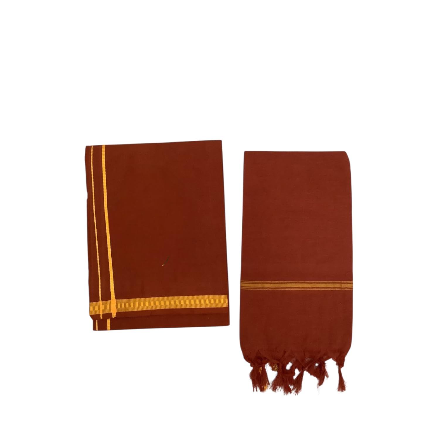 Spiritually Traditional Brown Cotton Dhoti with Towel Set, Gold Border Design, Handcrafted Temple Wear, prayer dhoti 2 Piece Set-image-9