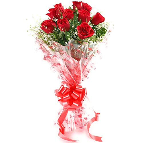Image of Fresh Red Roses Bouquet (Bunch of 10) with Cellophane Wrapping | Birthday, Anniversary, Valentine's Day & Romantic Gift for Girlfriend, Wife, Husband | Same Day Delivery Flower Bunch