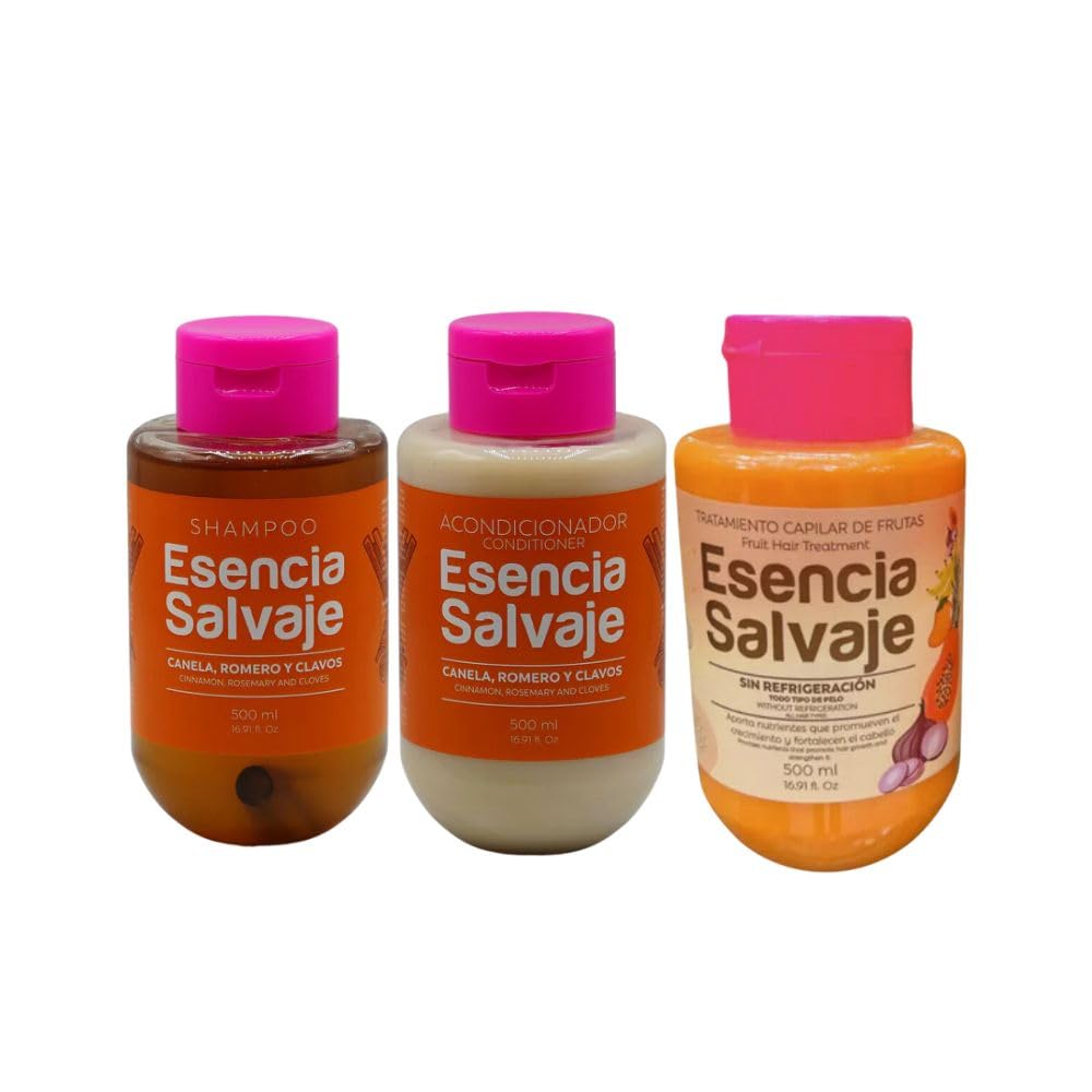 Esencia Salvaje Shampoo de Canela, Acondicionador de Canela y Tratamiento Capilar de Frutas (3 Pack) Esencia Salvaje Shampoo, Esencia Salvaje